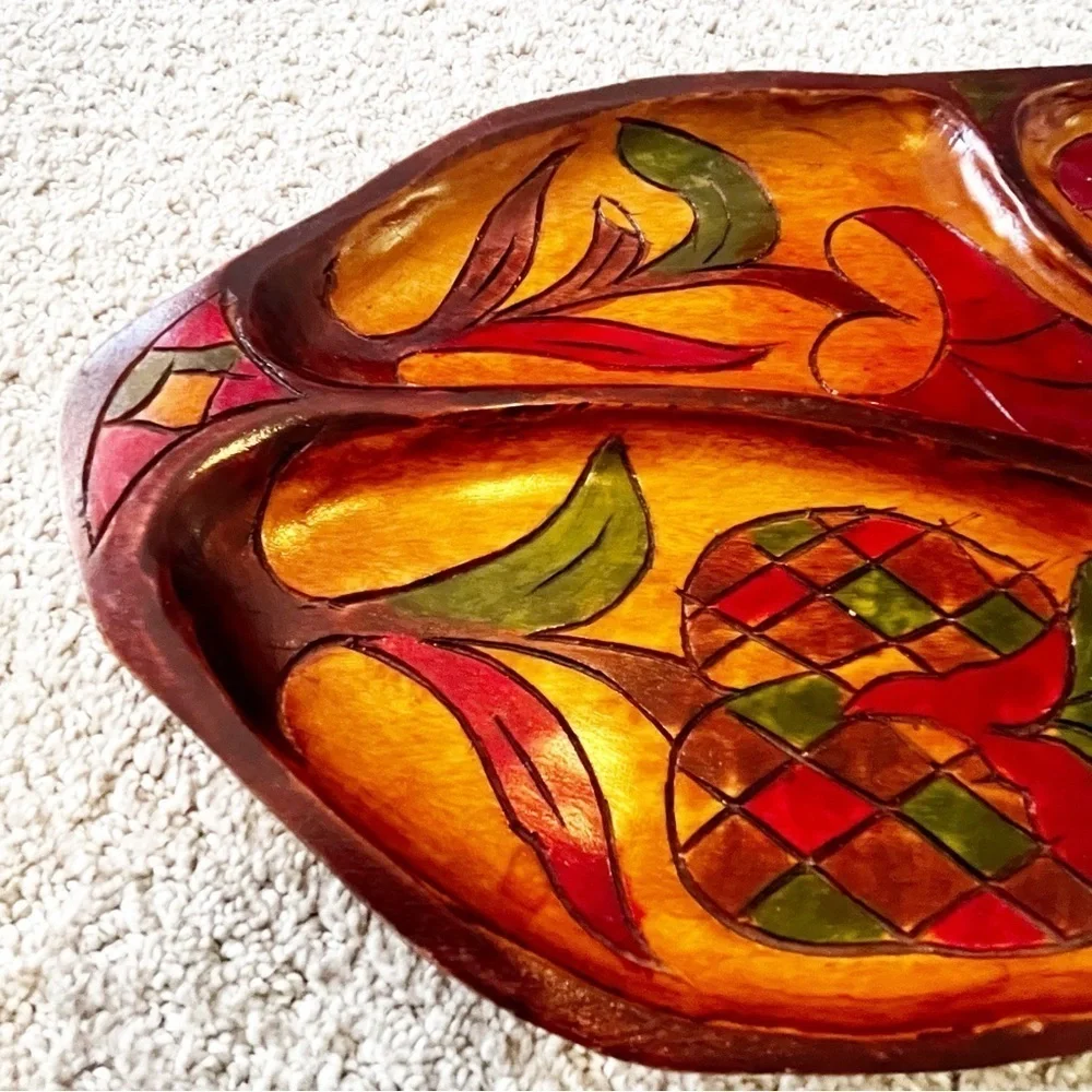 Vintage Mid Century Wooden Serving Tray Platter Boho Exotic Wood Divided Carved